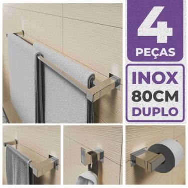 Imagem de Toalheiro Duplo Inox 304 + Kit Acessórios Banheiro 80cm - PERFIL CASA 