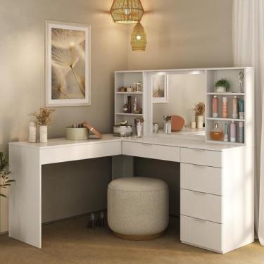 Imagem de Penteadeira Escrivaninha em L com Espelho Led 5 Gavetas 6 Nichos - Fos