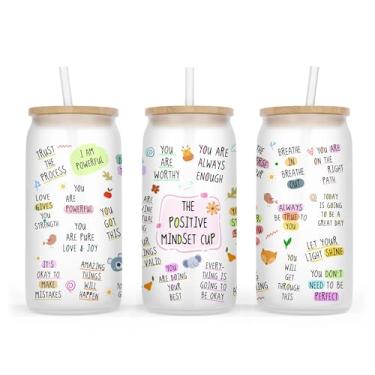 Imagem de Copo de vidro My Positive Mindset - Copo de vidro de afirmações positivas - Copo de vidro fofo com tampa e canudo - Presentes de saúde mental - Copos de vidro fofos de afirmação diária - Copo de vidro