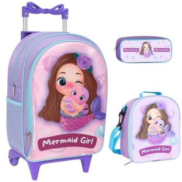 Imagem de Kit Mochila Escolar Sereia Rodinha Infantil Menina Feminina com Lanche