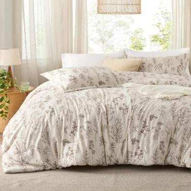 Imagem de Conjunto completo de edredom Bedsure, floral bege, 3 peças