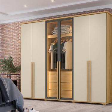 Imagem de Guarda-roupa Casal 6 Portas 5 Gavetas com Corrediças Telescópicas Nichos e Iluminação Led Bélgica Cinamomo/Off White