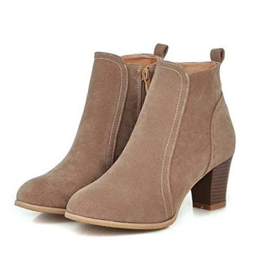 Imagem de Bigfanshu Botas femininas de cano curto inverno 2020 moda camurça bota de couro salto alto sapatos femininos tornozelo, Bege, 35 BR