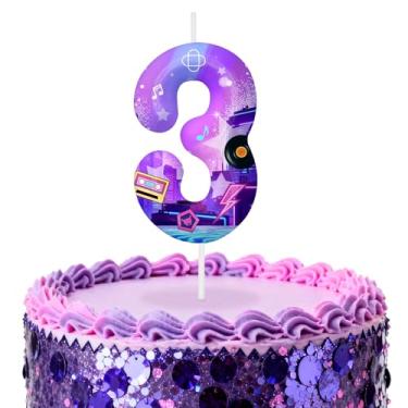 Imagem de Velas de aniversário número 3 roxas escuras, topos de bolo com tema de desenho animado para decoração de bolo para meninos e meninas, decorações de aniversário, suprimentos de festa, velas numéricas