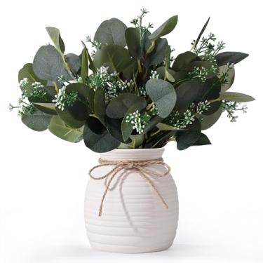 Imagem de Vaso de eucalipto artificial, plantas falsas para decoração de casa, vaso branco de cerâmica com vegetação, plantas decorativas falsas, 20 peças de hastes falsas de eucalipto para decoração de manto