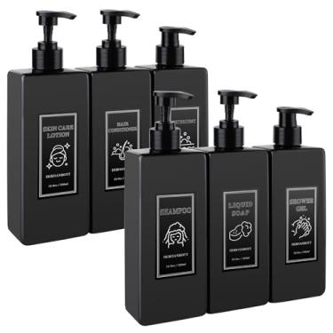 Imagem de DEROANBOTT Conjunto de dispensador de gel de banho, frascos de xampu de plástico reutilizáveis com etiquetas à prova d'água, 500 ml, pacote com 6 (preto)