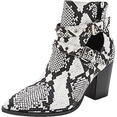 Imagem de Bota feminina de cano baixo, cano curto, pele de cobra, com corte grosso, salto empilhado, botas modernas com zíper lateral, Branco, 8.5