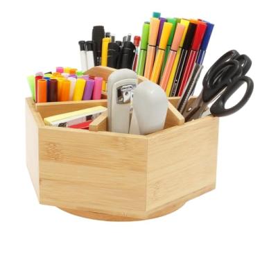 Imagem de Organizador de material de arte giratório de madeira comporta porta-canetas giratório de 360° com 6 compartimentos, material de escritório, suporte de armazenamento de mesa para armazenamento de