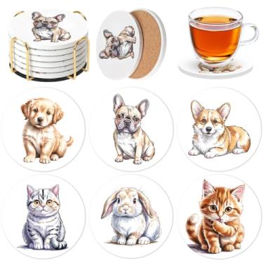 Imagem de Saraudy Conjunto de 6 porta-copos de cerâmica com suporte, estilo amante de animais de estimação, conjunto de porta-copos absorvente para decoração de casa, copos, canecas e copos (animais de