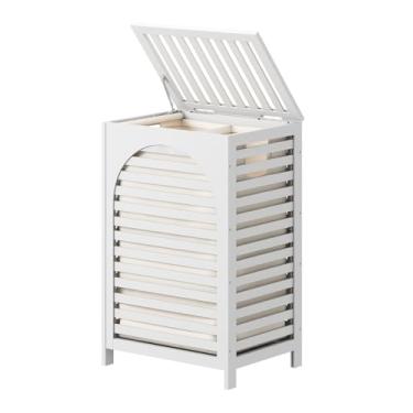Imagem de Cesto de lavanderia branco, cesto de roupa de madeira de bambu de 85 L, com tampa e alças, forro removível
