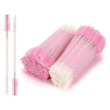 Imagem de 200 peças de varinhas de rímel descartáveis com ponta dupla, pincel para lábios, aplicador de batom rosa, pincel de sobrancelha para extensões de cílios