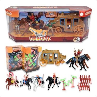 Imagem de Kit bonequinhos Faroeste Com 21 Peças Incluindo Carruagem E Cowboys