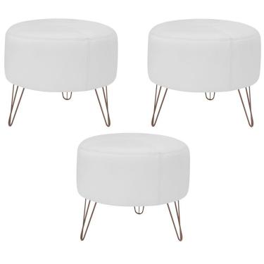 Imagem de Kit 03 Puffs Decorativos Redondo Couro Branco Fosco