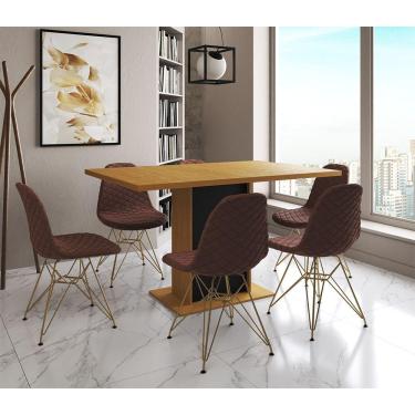 Imagem de Mesa Jantar Londres Retangular Canela 137X90 Base Preta 6 Cadeiras Estofadas Caramelo Base Dourado