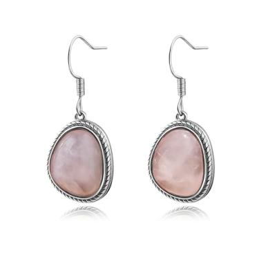 Imagem de Brincos femininos de quartzo rosa/ônix preto/turquesa de cobre, turquesa, brincos de aço inoxidável com pingente de pedra preciosa, Aço inoxidável, Quartzo rosa