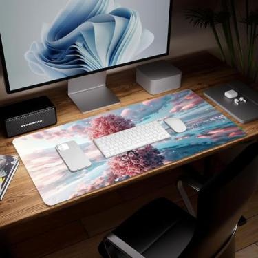 Imagem de Tapete de mesa de árvore de couro, mouse pad de arte colorida grande teclado de computador para jogos mousepad à prova d'água protetor e capa de mesa, tapete de mouse decorativo de couro PU para