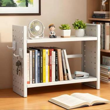 Imagem de JBESUHI Organizador de prateleira de mesa – Prateleira de armazenamento de mesa ajustável de 2 camadas com moldura de metal e placa de pendurar lateral, prateleira de exibição branca de 40 x 14,43 cm