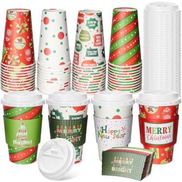 Imagem de Jingmore Pacote com 48 xícaras de café descartáveis de Natal de 473 ml com tampas e mangas Copos quentes de papel de Natal para festa de Natal, lembrancinhas de chá para cacau quente, suprimentos de