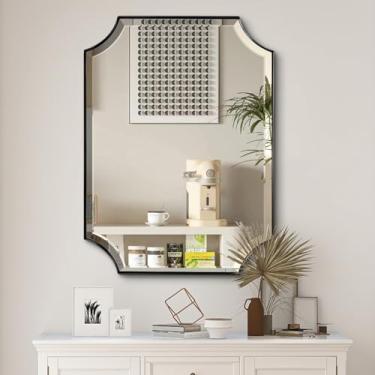 Imagem de POZINO Espelho chanfrado preto, espelho retangular arredondado de 61 cm x 91 cm para pia, espelhos decorativos modernos de formato irregular, espelhos de parede para banheiro, sala de estar, quarto