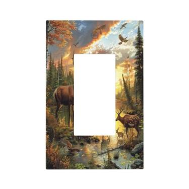 Imagem de Elk Deer In Stream River Sunset Socket Light Switch Cover Decorativo Painel de Parede 1 Gang Capa de Interruptor de Luz Decorativa para Banheiro, Quarto, Decoração de Casa