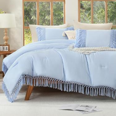Imagem de Andency Conjunto de edredom casal, azul claro, leve e vintage, macio, 3 peças (edredom de 199 x 227 cm e 2 fronhas)