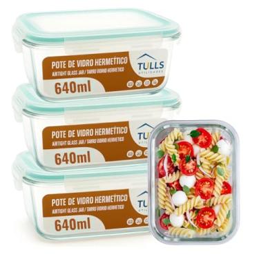 Imagem de Kit 3 Potes Marmita de Vidro com Tampa Hermética, Recipiente para Alimentos com Trava, 640ml, Transparente
