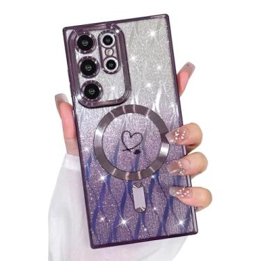 Imagem de Bonoma Capa com glitter para Samsung Galaxy S23 Ultra [compatível com MagSafe], capa brilhante com estampa de folhas magnéticas de coração, proteção para câmera, capa traseira macia e brilhante para