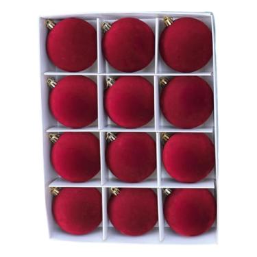 Imagem de rockible Conjunto de 12 enfeites de Natal em formato de bola, pingentes para fotos, decoração natalina de 6 cm de diâmetro, para parede, armário, casa ou para, Vermelho