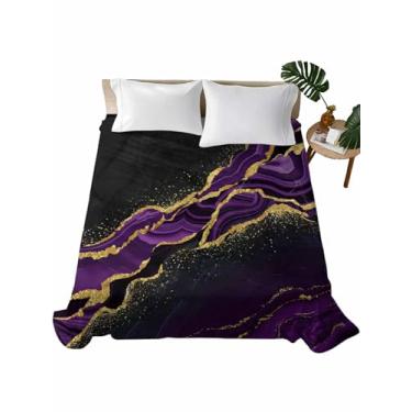 Imagem de Lençol de cama queen de mármore preto para colchão Queen, lençol de cima de microfibra, bolso profundo para todas as estações, arte dourada roxa abstrata, vintage, casa de fazenda, macio e respirável