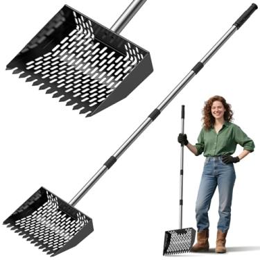 Imagem de Each Cool Colher grande de metal para cocô de galinha – Colher de galinheiro resistente com borda serrilhada, alça de aço inoxidável ajustável de 89 cm a 166 cm, ancinho e pá de peneirar para