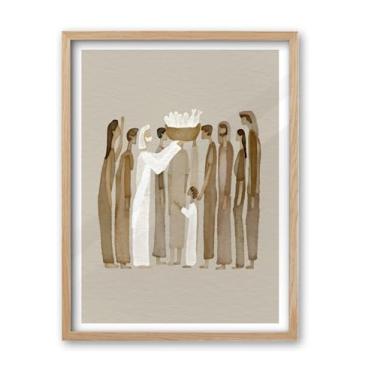 Imagem de iHery Arte de parede emoldurada de madeira de carvalho natural Jesus Feeds, grande 40,6 x 50,8 cm, 5 pães e 2 peixes, arte em tela bíblica cristã de esboço moderno, decoração de quarto, bege boho