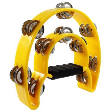 Imagem de Auvotuis Pandeiro de meia lua, percussão manual amarela, jingles metálicos, pandeiro de fileira única para festa, KTV