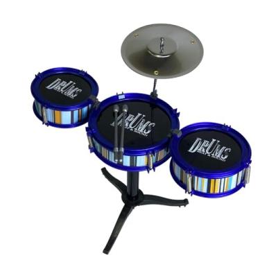 Imagem de Mini Bateria Musical Infantil, 7 Peças, Plástico, Vermelho, Azul e Amarelo, com 3 Tambores e Prato, Base Estável, 36,5x20,5x40,5cm