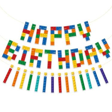 Imagem de Banner de feliz aniversário, banner temático de blocos de construção, pré-montado, lembrancinhas de festa com tema de tijolo, banner de festa, decorações de feliz aniversário para meninos e homens