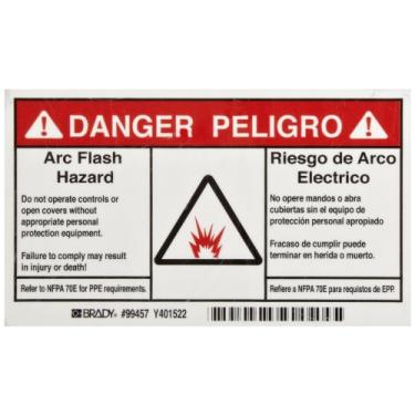 Imagem de Brady 99457 12,7 cm de largura x 8,5 cm de altura, B-302 poliéster de alto desempenho, preto e vermelho sobre branco bilíngue Arc Flash, inglês/espanhol, cabeçalho "Danger/Peligro" (pacote com 5)
