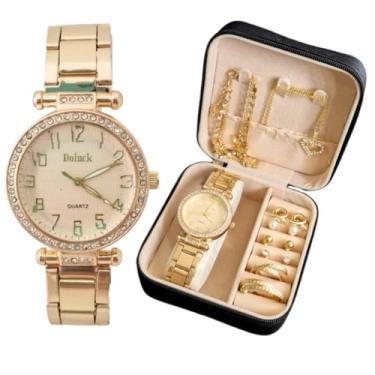 Imagem de Conjunto de Relógio Feminino Dourado com Cristais, Kit 6 Brincos, Colar, Pulseira e Porta Joia, Presente Elegante
