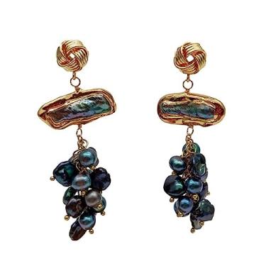 Imagem de Brincos de pérola Keshi preta cultivada natural de 7,5 cm Biwa com pérolas de água doce estilo luxuoso feito à mão para mulheres