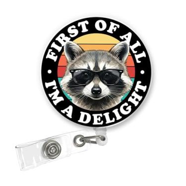 Imagem de ULTRAVUTT Carretel de crachá de guaxinim engraçado, porta-identidade retrátil de animal do pôr do sol retrô com clipe jacaré para estudantes de enfermagem, assistentes médicos, professores