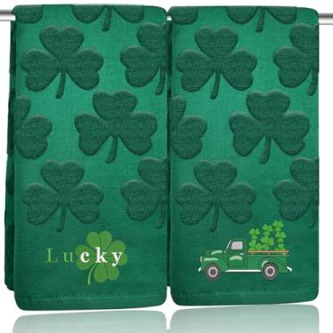 Imagem de Xkdamai 2 peças de toalhas de mão de dia de São Patrício para banheiro 100% algodão trevo verde jacquard trevo da sorte caminhão fazenda bordado toalhas de banho decorativas férias cozinha toalhas de