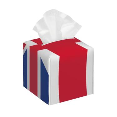 Imagem de Porta-lenços de couro quadrado impermeável bandeira do Reino Unido organizador de papel facial étnico com cinto inferior cubo estojo de lenços para mesa, banheiro, escritório, mesa, carro, decorativo