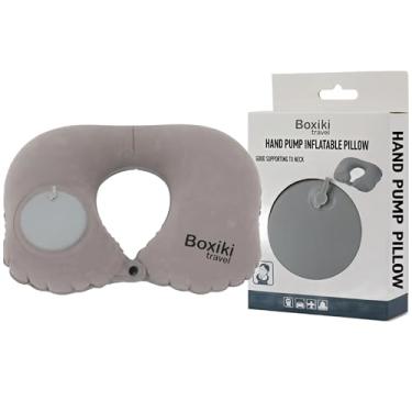 Imagem de Boxiki Travel Almofada de pescoço inflável portátil com bomba – Almofada de avião para dormir e viajar – Almofada de suporte compacta, leve, durável e macia para voos, viagens rodoviárias e aventuras