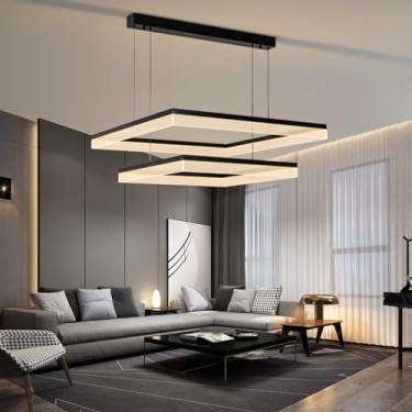 Imagem de Lustre moderno grande retangular com pendente de 2 camadas, controle remoto e iluminação dimerizável, em alumínio, para sala de estar, com altura ajustável, ideal para decoração de restauran