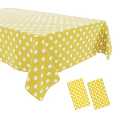 Imagem de OLIVBIN Pacote com 2 toalhas de mesa de bolinhas amarelas, amarelas e brancas, capa de mesa retangular de plástico descartável, adequada para mesas retangulares (137 x 272 cm)