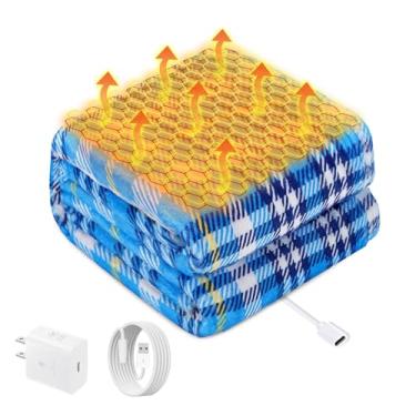 Imagem de Cobertor aquecido alimentado por USB para mulheres, 127 x 152 cm, 9 V, 18 W, cobertor elétrico xadrez azul portátil com 3 configurações de calor, cobertores de aquecimento de grafeno de 8 zonas para