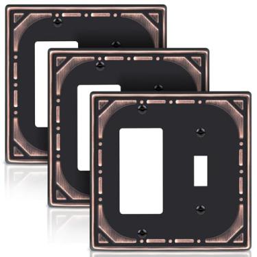 Imagem de Combinação de metal para interruptores de luz, placa de parede, 1 interruptor/1 placa decorativa, bronze polido a óleo, placa de parede decorativa para 2 grupos - estilo retrô clássico, pacote com 3