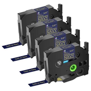 Imagem de KCMYTONER Pacote com 4 fitas de cetim compatíveis com Ptouch TZe-RN34 TZ-RN34 TZe Fita de cetim 12 mm 0,47 polegadas ouro em tecido marinho para Ptouch Embellish PT-D800W PT-E550W PT-2300 PT-1280SR