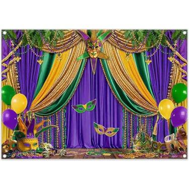 Imagem de ZTHMOE Tecido 2,1 x 1,5 m Mardi Gras cenário fotográfico carnaval baile de máscaras roxo verde dourado máscara fundo colorido decoração festa festa feriado decoração foto banner adereços