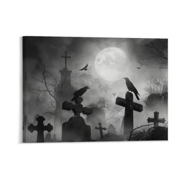 Imagem de HouLaiZhe Pôster de Halloween Lápide Lua Corvo Impressão de Arte de Parede Decorações de Halloween Decoração de Parede Estética Gótica para Sala de Estar Quarto 18 x 24 polegadas (45 x 60 cm)