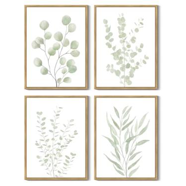 Imagem de Drsoum Arte de parede emoldurada de plantas botânicas, decoração de parede boho para banheiro, folhas de eucalipto, verde sálvia, minimalista, estética, pronto para pendurar, conjunto de 4, 28 x 35 cm