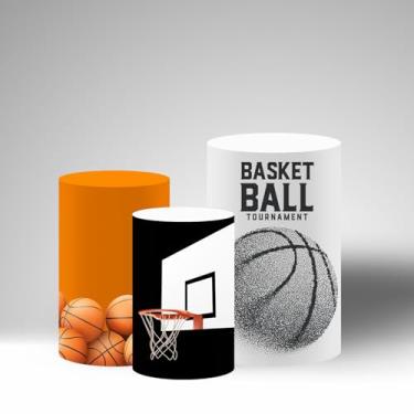 Imagem de AOSTO Capas de tecido de pedestal cilíndrico com tema de basquete, conjunto de 3, toalha de mesa de elastano elástico para eventos de festa (TZ026, conjunto pequeno com 3)